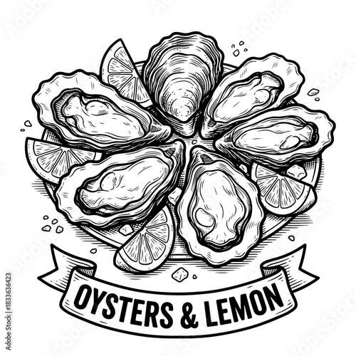 A black and white vintage-style illustration of fresh oysters on the half shell served with lemon wedges on a plate.