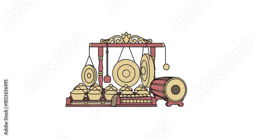 Traditional Indonesian Gamelan Musical Instrument Set Illustration.