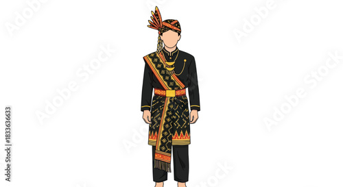 Traditional Indonesian Mans Ceremonial Attire with Elaborate Headwear and Sashes.