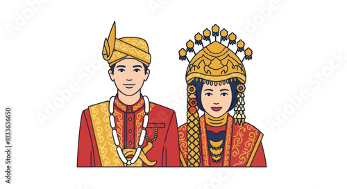Indonesian Wedding Couple in Traditional Attire Illustration.