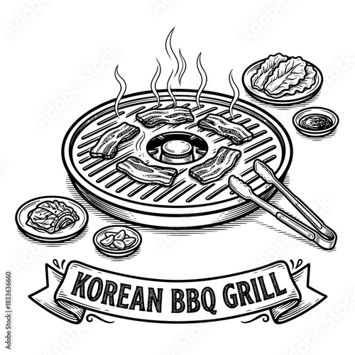 A detailed black and white illustration of a Korean BBQ grill with sizzling meat, tongs, and various side dishes.