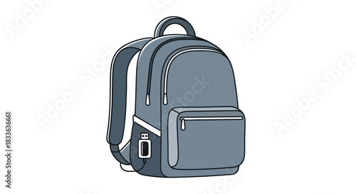 Grey Cartoon Backpack with Multiple Compartments and Zippers.