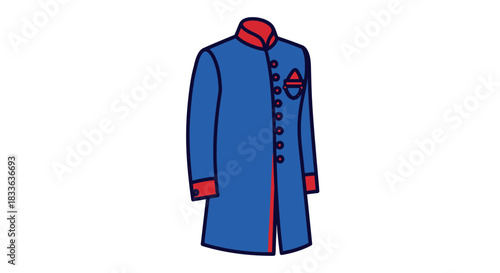 Blue and Red Clerical Robe with Decorative Buttons and Pocket.