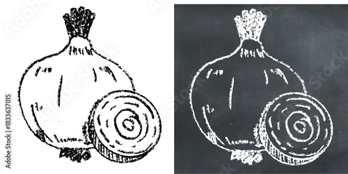 Chalk Handdrawn Onion Vector Ideal for menu, food, recipe, and garden graphics in a rough chalkboard style. Symbolizes simple produce, seasoning, and cooking ingredient.