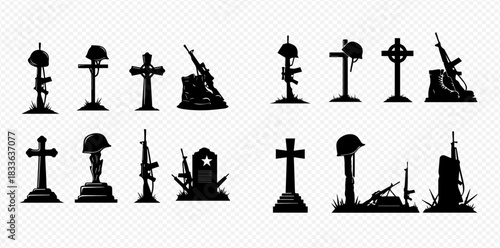 Collection of military remembrance silhouettes featuring soldier's crosses, gravestones, helmets, rifles, and boots, symbolizing fallen heroes.