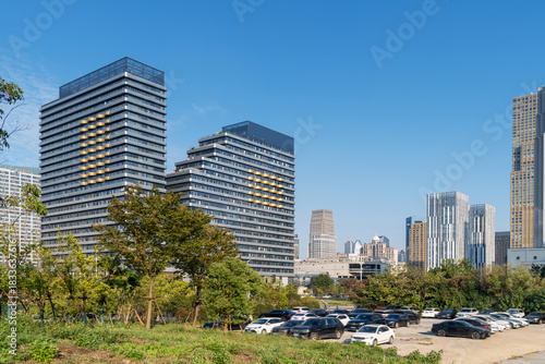 Photography city park with modern building background in shanghai