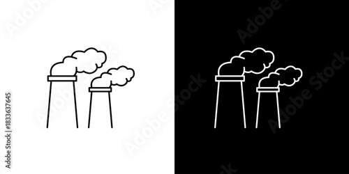 Monochromatic line art icon set depicting industrial chimneys with smoke, symbolizing environmental pollution and factory emissions