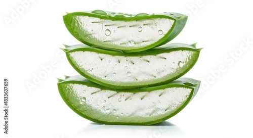 Three slices of aloe vera against a white background.