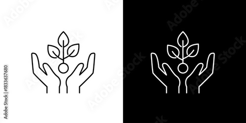 Human hands carefully holding a young plant with leaves. Thin line vector icon representing growth, environment, and conservation