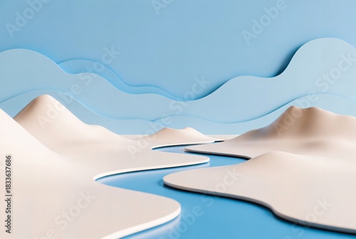 Fototapeta Naklejka Na Ścianę i Meble -  Minimalistic 3d render illustration of sand dunes and flowing river