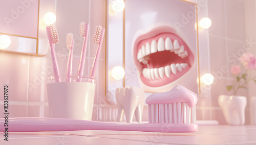 Pink Toothbrush with Toothpaste Reflected in Mirror Showing Animated Teeth