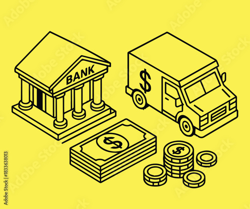 Vector illustration on a vivid yellow background showing banking symbols, a small car icon, flowing paper money, and stacked coins, all combined to create a clear and engaging financial themed graphic