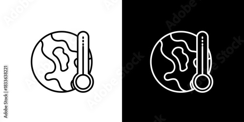 Global Warming Icon Earth and Thermometer Illustration in Black and White Variations
