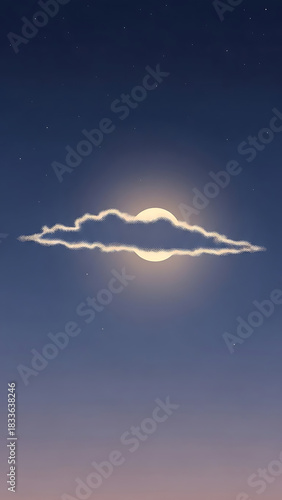 Dreamy moon glows behind a shimmering cloud in the night sky, creating a celestial glow