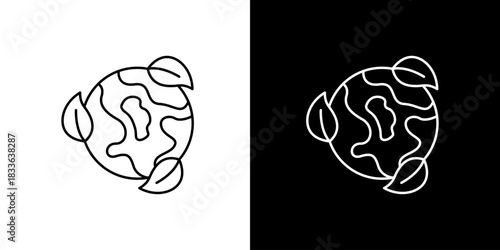 Simple line art icon of the Earth globe with three leaves, symbolizing ecology and sustainability