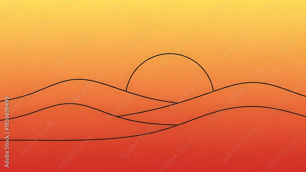 Obraz premium Minimalist illustration of a sunset over rolling hills with a warm gradient sky and ground, featuring a simple sun outline.
