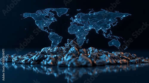 Global digital network illuminating a world map, rising above valuable raw material, symbolizing worldwide connectivity, resource distribution, and future commodity markets