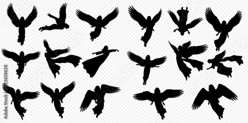 Collection of black silhouettes depicting various flying angels or winged figures with outstretched arms and flowing garments.