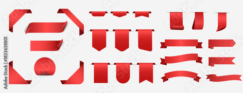 Sale and new label collection set with red discount ribbons, banners, shopping tags, and sale icons, isolated on white background, vector illustration.
