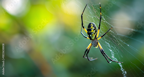 Black and Yellow Spider Hanging in Web Against Green Background