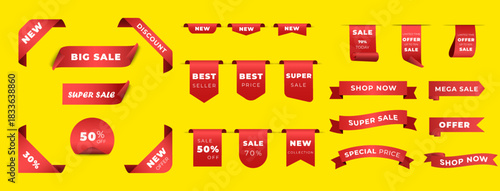 Sale Label collection set. Sale tags. Discount red ribbons, banners and icons. Shopping Tags. Sale icons. Red isolated on yellow background, vector illustration.
