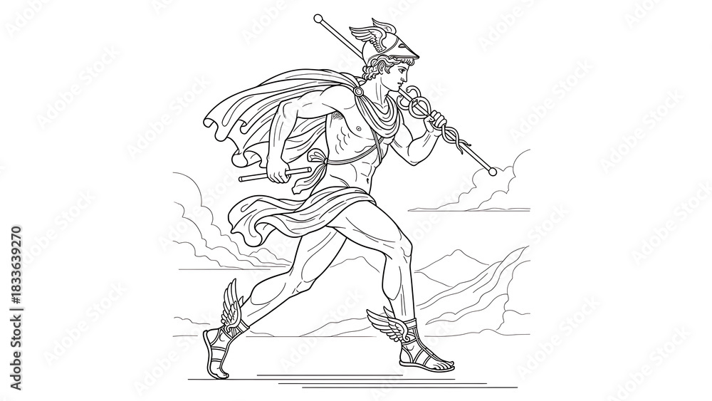 Fototapeta premium Line art illustration of the Roman god Mercury running, wearing winged sandals and helmet, holding a caduceus, against a stylized landscape.