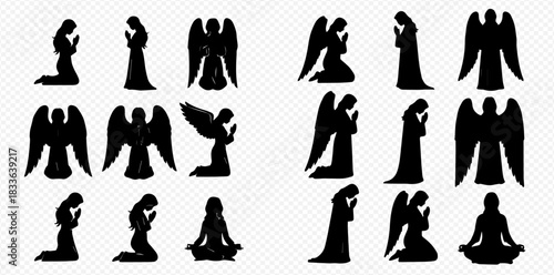 Black silhouettes of praying people and angels in various spiritual poses, including kneeling, standing, and meditating figures.