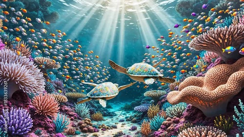 Underwater Paradise A Vibrant Coral Reef Scene with Sea Turtles.
