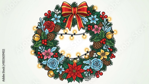 Christmas wreath with bow pine cones poinsettia and holiday decorations vector illustration design art