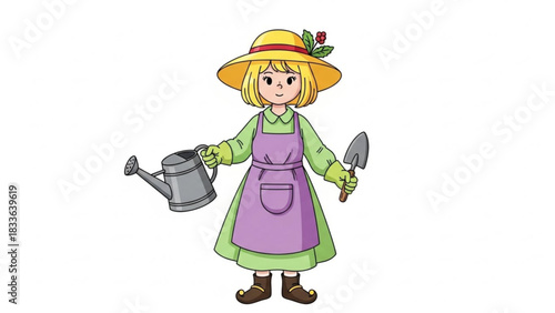Illustration of a woman gardener with watering can and shovel for gardening and outdoor activities