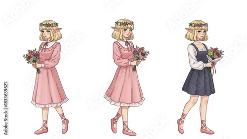 Cute anime elf girl in dresses holding flowers digital art illustration character design concept art style