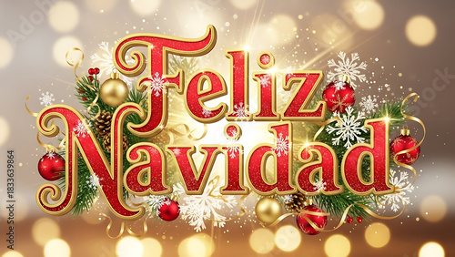 A festive 'Feliz Navidad' greeting in decorative red and gold lettering, adorned with Christmas ornaments, snowflakes, and a warm bokeh light background.