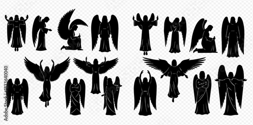 Black silhouettes of angels with wings in various poses, including praying, standing, and flying, on a transparent background.
