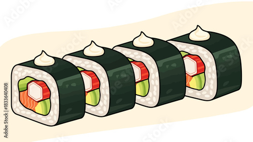 Freshly Prepared Maki Rolls with Creamy Topping Delicious Seafood Meal Illustration