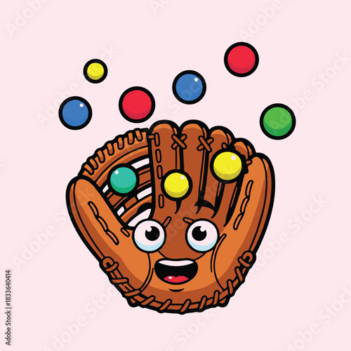 Vector Illustration of a Cute Cartoon Baseball Glove Juggling Colorful Marbles
