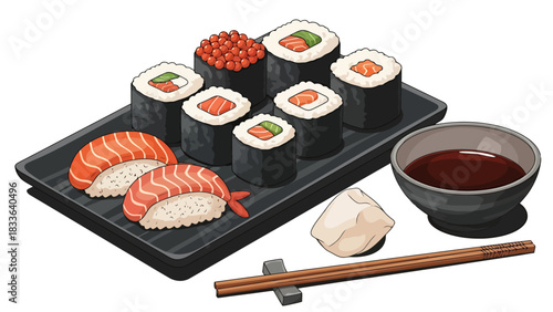 Assortment of Delicious Salmon Nigiri and Maki Rolls with Soy Sauce and Condiments