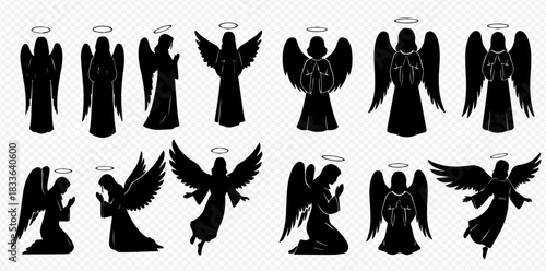 A collection of black angel silhouettes with halos in various poses, depicting religious and spiritual figures on a transparent background.