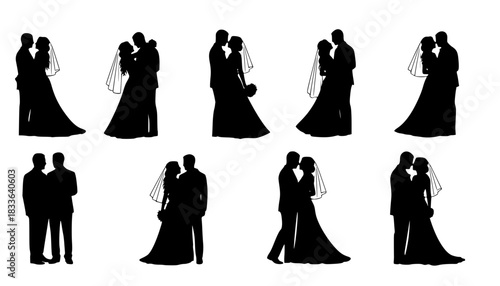 Happy married couples sihouettes vector design isolated. Silhouette couple black, wedding marriage female and male illustration
