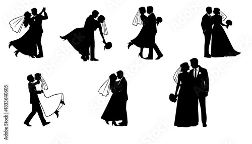 Happy married couples sihouettes vector design isolated. Silhouette couple black, wedding marriage female and male illustration
