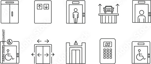 Elevator and Lift Icon Set Vector: Passenger, Car Lift, Disabled Access, Modern Building, and Transportation Line Art Graphic Elements