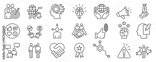 Set of line neuromarketing Icons. Vector illustration including consumer, purchase decision, cognitive, brain, environment, advertising, financial, reaction, morality, behaviour, enggagment, sensory.
