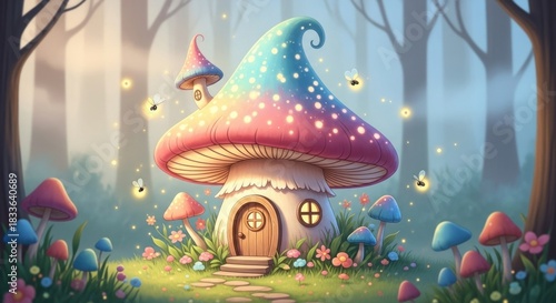 A whimsical, fairy-tale mushroom house with a blue and pink toadstool roof, surrounded by a forest of mushrooms and flowers, with bees flying around.