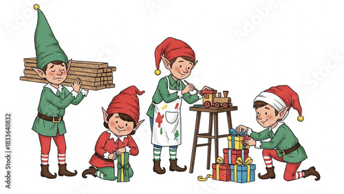 Cute Christmas Elves Making Toys and Wrapping Presents in Santa's Workshop, Spreading Holiday Cheer and Festive Joy, Originally a Scalable Vector Graphic