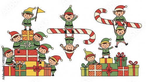 Delightful Christmas Elves Decorating and Playing with Gifts and Candy Canes, Spreading Holiday Cheer, Great for Festive Cards and Social Media Posts