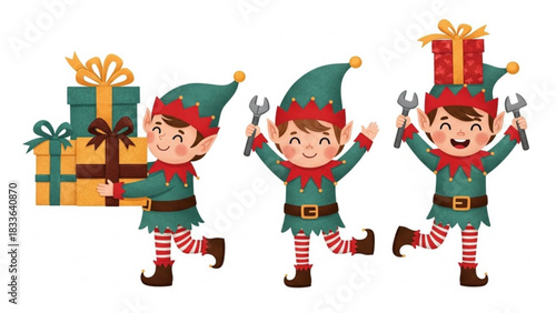 Festive Christmas elves joyfully carrying gifts and tools for a magical holiday season, spreading cheer and anticipation of holiday surprises