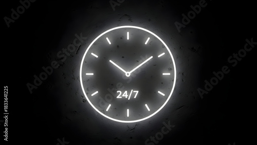 Wallpaper Mural Glowing 24/7 neon clock sign on a dark textured wall, representing nonstop customer support and around the clock availability. Torontodigital.ca
