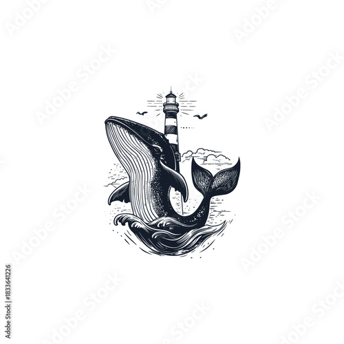 Striking black and white engraving illustration of a humpback whale breaching powerfully from crashing ocean waves, with a vintage lighthouse illuminated by a sunburst in the background