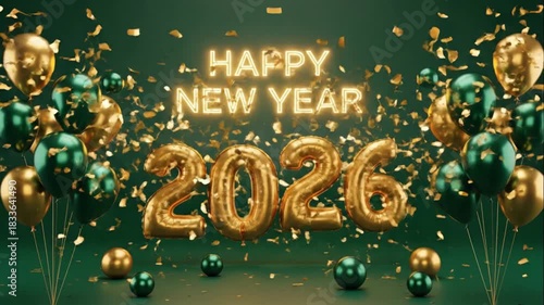 3D render Happy New Year 2026 celebration scene in emerald green and metallic gold color palette.