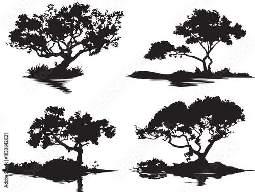 A gorgeous set of four detailed mangrove tree silhouette vector icons