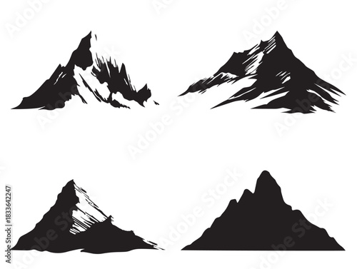 A gorgeous set of four dramatic mountain peak silhouette vector icons